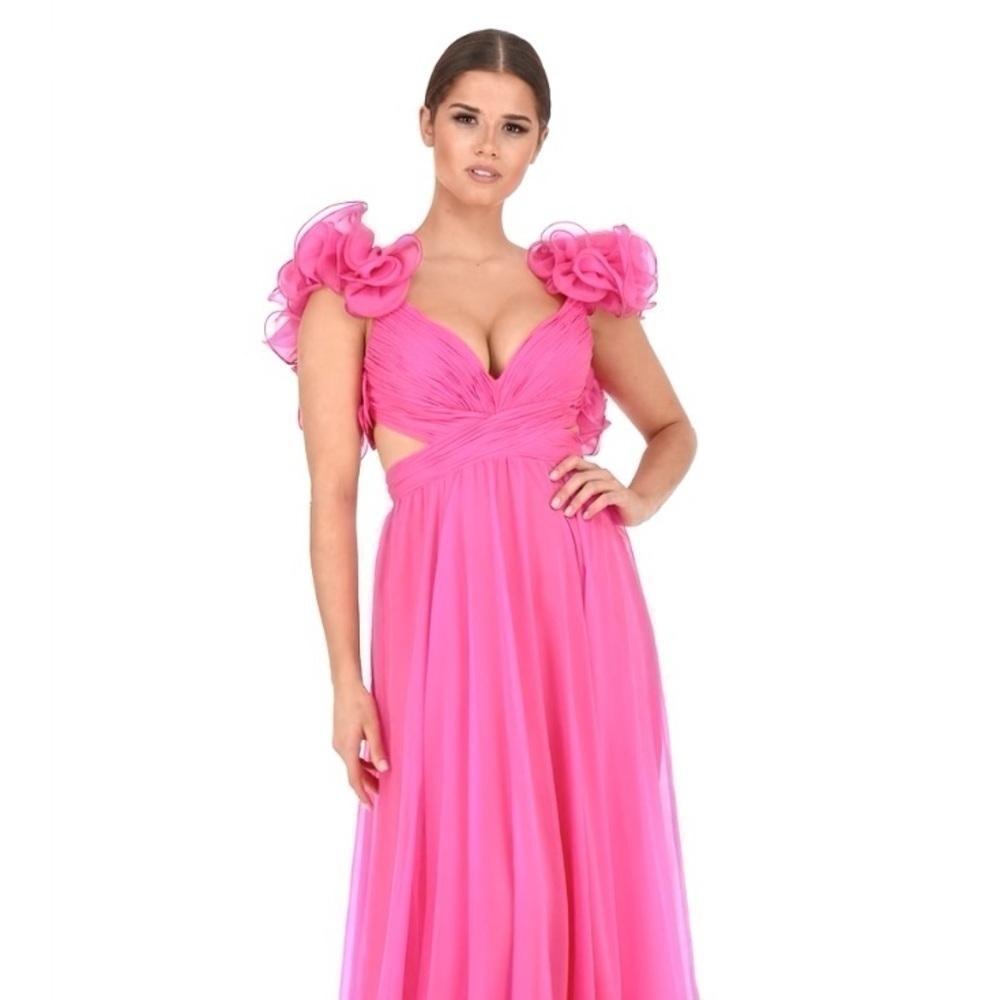 Mac Duggal Indy Chiffon Gown Maxi Backless Ruffles Pink Size 0 . X Small New - Picture 3 of 13
